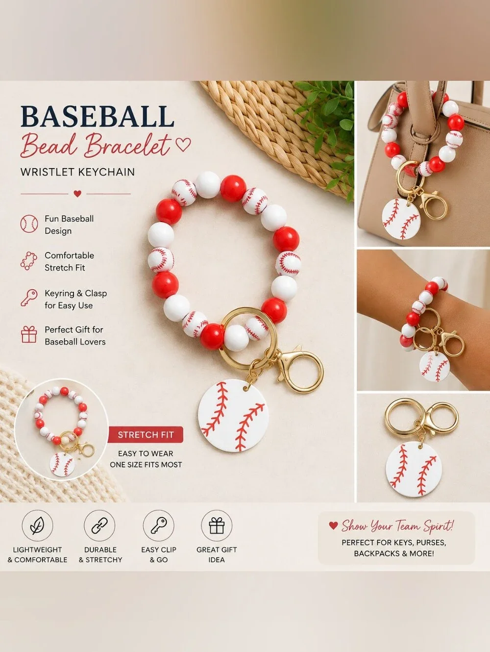 Baseball Beaded Bracelet & Keychain - Red and White